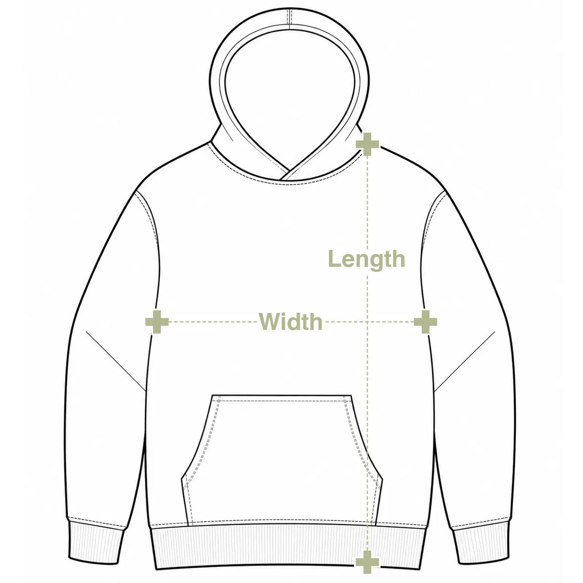 Hoodie sizing diagram showing where to measure garment length and width