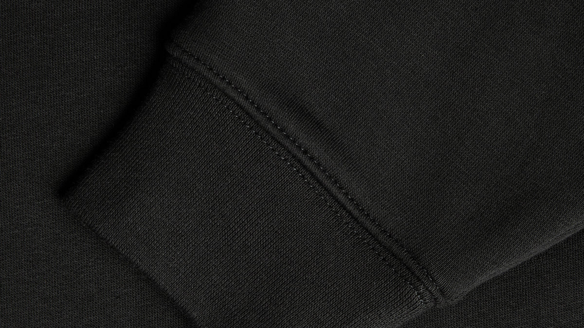 Close-up of a black ribbed knit cuff of a garment, showing the texture and stitching detail.