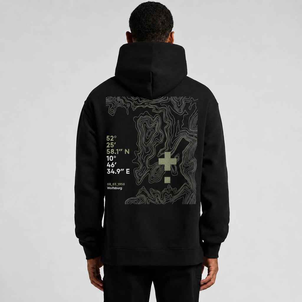 Rear view of the black Vanture Beginning Hoodie showing the topographic back artwork