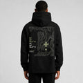 Rear view of the black Vanture Beginning Hoodie showing the topographic back artwork