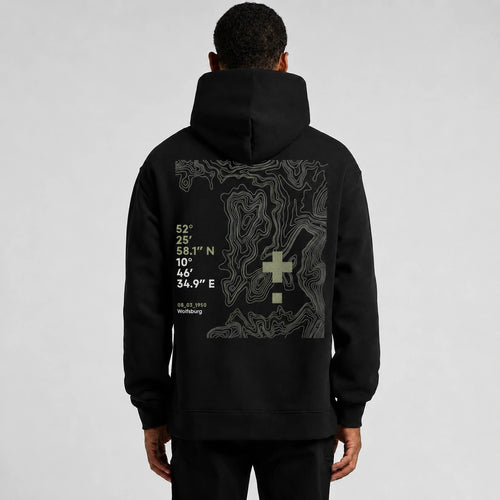 Rear view of the black Vanture Beginning Hoodie showing the topographic back artwork