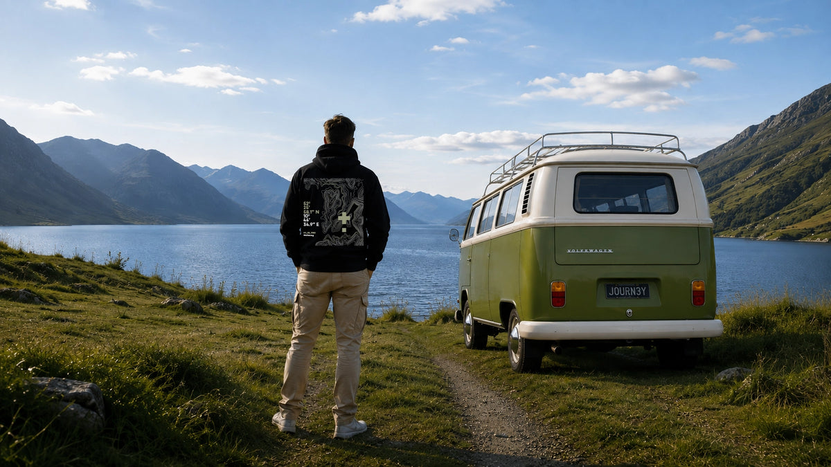 Man wearing a black Vanture hoodie beside a green Volkswagen campervan overlooking a mountain lake