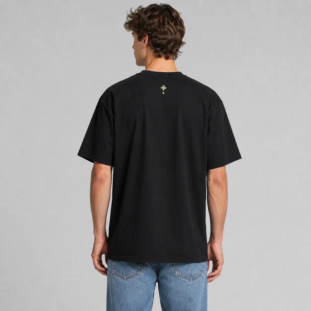 Rear view of the black Vanture Icon Tee showing the small icon print at the upper back