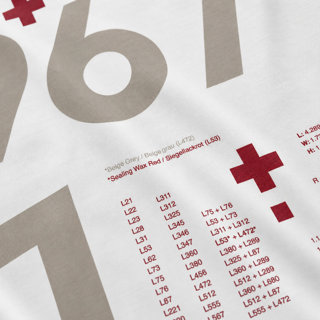 Close-up of the Vanture T1 Era T-shirt back print showing Beige Grey and Sealing Wax Red colour references on white cotton fabric