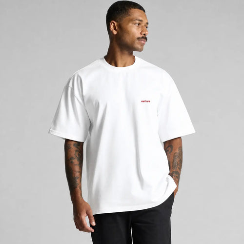 Front view of the white Vanture T1 Era Tee showing the small Vanture chest print