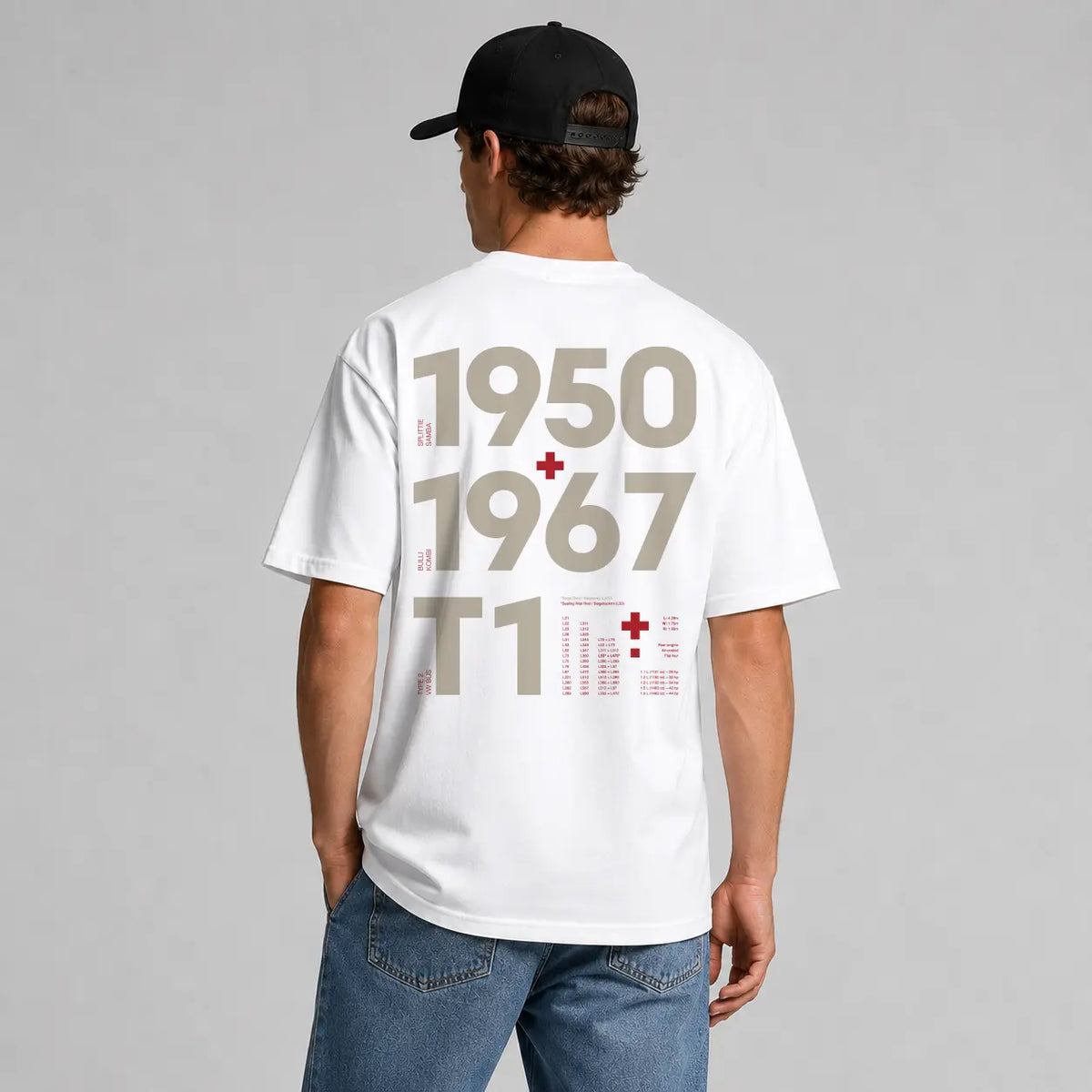 Rear view of the white Vanture T1 Era Tee showing the 1950–1967 back artwork