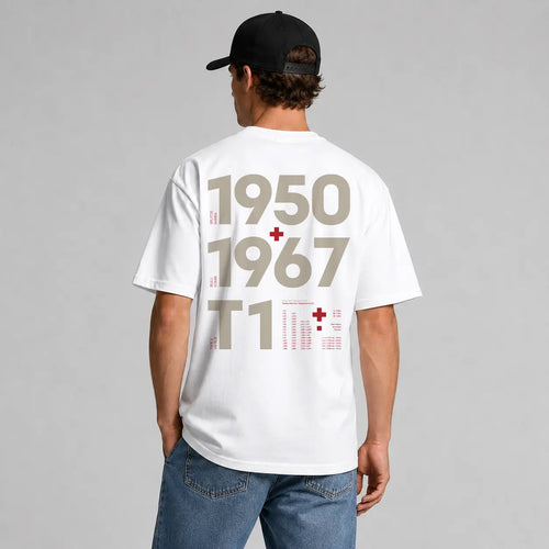 Rear view of the white Vanture T1 Era Tee showing the 1950–1967 back artwork