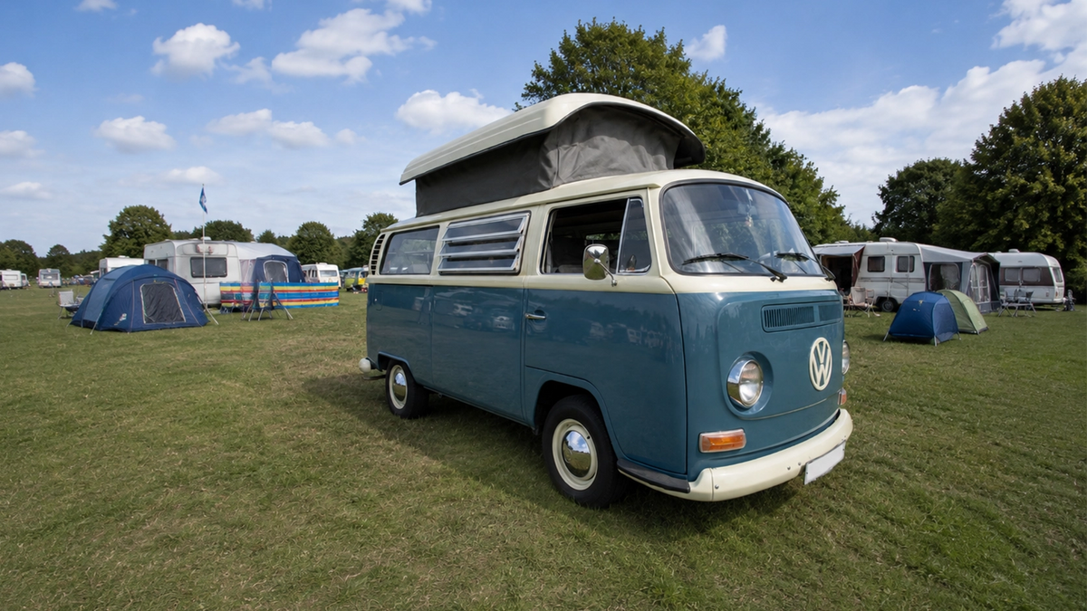 Vintage Volkswagen T2 campervan in Neptune Blue and Pastel White parked at a campsite