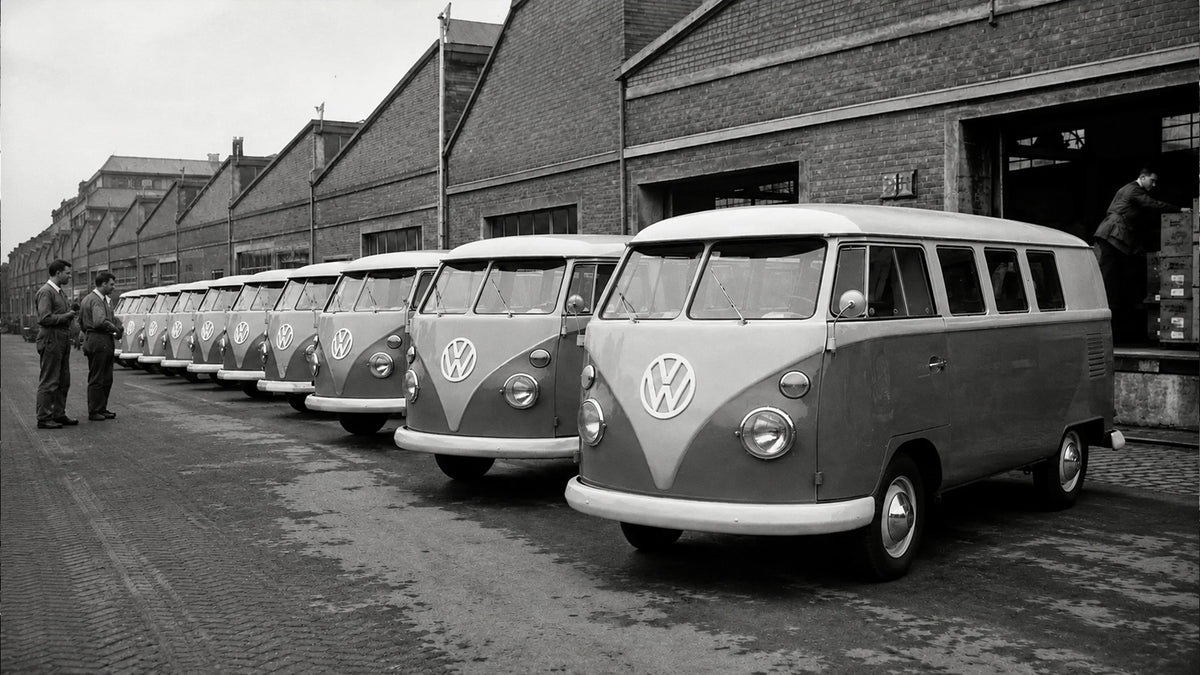 Black-and-white image of Volkswagen T1 vans lined up outside a factory