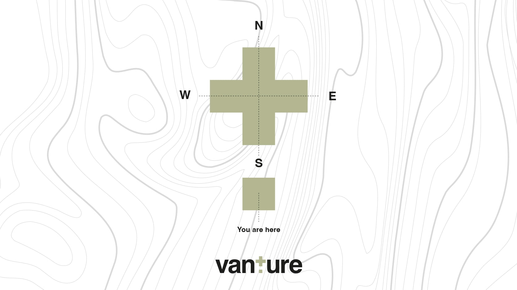 A topographic map-style graphic with contour lines, a compass rose at the center, directional labels N, W, E, S, a small green square near the bottom, and the brand name 'vanture' at the bottom.
