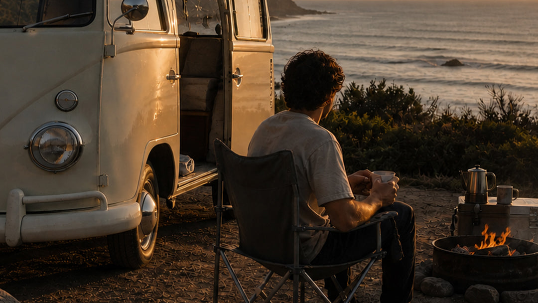 Person relaxing beside a vintage VW campervan and campfire overlooking the coast at sunset.