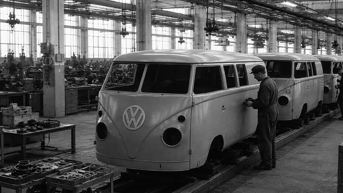 Black-and-white image of Volkswagen T1 vans on a factory production line