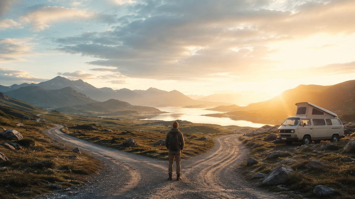 Person standing at a fork in a mountain road beside a campervan, representing freedom, exploration and choosing your own journey.